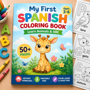 My First Spanish Coloring Book – Animals & ABC for Kids Spanish Coloring Book for Kids is a fun and creative printable activity book designed to introduce young learners to Spanish animal vocabulary, letters, and early language practice through coloring. This Spanish Coloring Book for Kids combines language learning, coloring, and simple letter activities in one printable resource. With 52 printable pages, children can discover adorable animals, practice recognizing letters, trace easy dotted designs, and enjoy a hands-on activity while becoming familiar with Spanish words. Learning a new language doesn't have to begin with complicated lessons. Sometimes a picture, a word, a letter, and a box of crayons are enough to make the first experience exciting. My First Spanish Coloring Book – Animals & ABC for Kids combines those elements in one easy-to-use printable PDF. 🐘 Discover Animals in Spanish Animals are a fun way to introduce children to new vocabulary. Throughout this Spanish Coloring Book for Kids, young learners will discover a variety of familiar animals while enjoying large black-and-white illustrations created for coloring. The collection includes animals such as: Cats Dogs Giraffes Dolphins Monkeys Elephants Turtles Horses Zebras And many more Children can associate each illustration with new Spanish vocabulary while using colors to make every animal their own. This combination of visual recognition and hands-on activity can make early language practice more engaging. Each page in this Spanish Coloring Book for Kids gives children another opportunity to discover animals while becoming familiar with Spanish vocabulary. 🔤 ABC and Letter Practice The book isn't only about coloring animals. Children can also interact with letters and dotted designs created for tracing and coloring. These activities provide opportunities to practice letter recognition while children become more comfortable with the shapes they see on the page. Instead of presenting vocabulary as a traditional lesson, the book encourages children to explore letters and words through an activity they already understand: coloring. Parents and educators can use the Spanish Coloring Book for Kids as a simple addition to early language and alphabet activities. 🎨 Color, Learn, and Create There is no single correct way to complete the pages. Children can color a cat orange, gray, black—or purple if that's what their imagination chooses. They can experiment with crayons, colored pencils, or other age-appropriate coloring materials. The goal is to create an enjoyable experience where learning and creativity can happen together. The simple black-and-white format also makes the pages easy to print and allows children to focus on the illustrations, letters, and words. ✏️ What Kids Will Enjoy Inside this printable activity book, children will find: 52 printable pages Large animal coloring illustrations Spanish animal vocabulary Letter recognition activities Dotted letters for tracing and coloring A variety of familiar animals Black-and-white printable designs Creative learning activities Easy-to-use PDF format The pages can be completed in order or individually depending on the child's interests. 🏠 Use It in Different Learning Environments Because the product is digital and printable, families and educators can incorporate the pages into different activities. They can be used: At home During homeschool activities In learning spaces During quiet creative time While traveling As additional Spanish practice As a coloring activity Parents can also participate by saying the Spanish animal words aloud and encouraging children to repeat them while they color. This can turn a simple coloring page into a shared language-learning activity. 🌟 Learning Through Creativity A Spanish Coloring Book for Kids can provide children with an approachable introduction to another language. Rather than expecting young learners to memorize long vocabulary lists, the pages connect words with recognizable images and creative activities. A child sees an animal. They discover its Spanish name. They interact with letters. And they color the illustration. These small experiences can help make Spanish feel familiar and enjoyable. 👨‍👩‍👧 For Parents, Homeschooling and Learning Activities This printable book can be useful for parents looking for a simple activity that combines creativity with introductory Spanish practice. It can also complement homeschool lessons or other early language-learning activities. Because the pages are printable, you can choose which activities you want to use rather than working through the entire book at once. Explore more children's learning activities and printable resources on Adarisi to discover additional educational and creative digital products. With 52 printable pages, the Spanish Coloring Book for Kids offers plenty of opportunities to color, practice, and explore new Spanish words. 📥 Digital Download This is a digital printable PDF. No physical product will be shipped. After purchasing, download the file and print the pages you would like to use. Printed results can vary depending on your printer, paper, ink, and print settings. 🔒 Personal Use This digital product is intended for personal use unless another license is specifically stated with the product. The digital file may not be resold, redistributed, shared, or uploaded for others to download. 52 pages. Animals. Letters. Spanish. Creativity. Color • Learn • Practice • Have Fun! Looking for more ways to support Spanish learning at home? Explore Spanish learning resources from Rockalingua.
