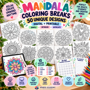 Mandala coloring pack with 50 unique digital and printable designs