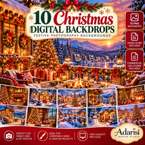 10 Christmas Digital Backdrops PNG Bundle – Festive Photography Backgrounds