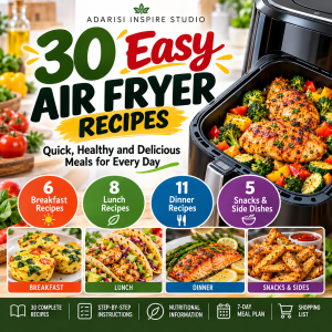 30 Easy Air Fryer Recipes digital cookbook with chicken, salmon, breakfast recipes and crispy side dishes
