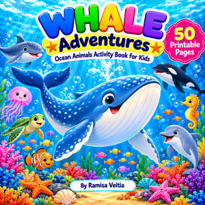 Whale Activity Book for Kids cover featuring a colorful blue whale, dolphins, sea turtles, tropical fish and vibrant underwater scenery.