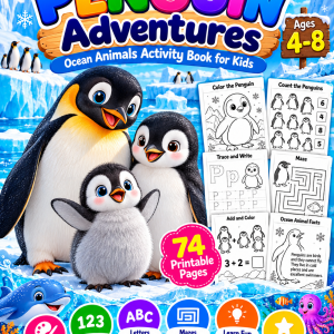 Penguin Activity Book for Kids cover featuring a colorful penguin family, Antarctic icebergs, ocean animals and educational activities for ages 4–8.