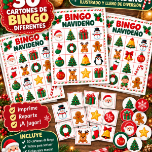 Bingo navideño ilustrado con 30 cartones diferentes y fichas recortables