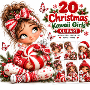 20 Christmas Kawaii Girls Clipart – Cute Christmas girls with red and white peppermint outfits, festive ornaments, bows and butterflies, digital illustrations by Adarisi Inspire Studio.