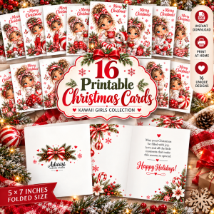 16 Christmas Kawaii Printable Cards featuring cute holiday girls, festive greeting card designs and printable 5x7 PDF cards.