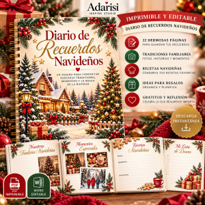 Diario de Recuerdos Navideños imprimible y editable de 32 páginas para guardar tradiciones familiares, fotografías, recetas y momentos especiales de Navidad.
