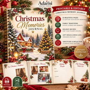 Christmas Memories Journal printable and editable holiday keepsake with family traditions, recipes, photos and gift lists.