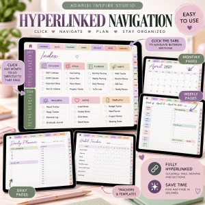 ADHD Planner 2027-2028 with hyperlinked navigation, clickable monthly tabs, weekly planning pages and digital organization tools