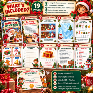 Illustrated Christmas mystery puzzles and secret codes for kids