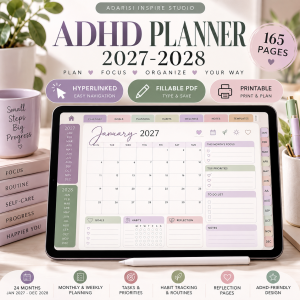 ADHD Planner 2027-2028 hyperlinked and fillable digital PDF with monthly and weekly planning pages