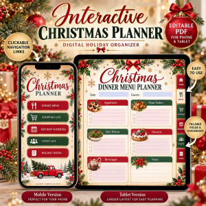 Interactive Christmas Planner – Digital Holiday Organizer with editable PDF fields, clickable navigation, shopping checkboxes, and mobile and tablet versions.