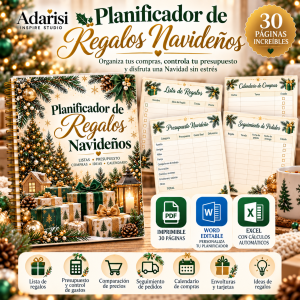 Planificador de Regalos Navideños con 30 páginas imprimibles, Word editable y Excel con cálculos automáticos para organizar compras, regalos y presupuesto de Navidad.