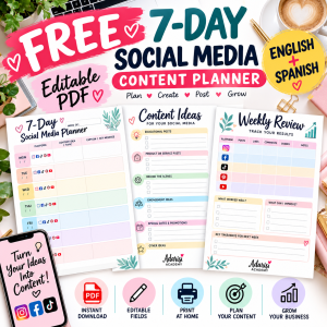 Free Social Media Content Planner – 7-day editable PDF with weekly calendar, content ideas and performance tracking. English and Spanish included.