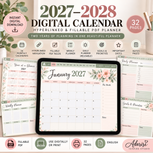 2027-2028 Digital Calendar hyperlinked and fillable PDF planner by Adarisi Inspire Studio