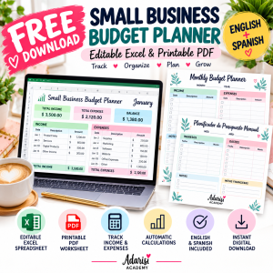 Free Small Business Budget Planner with editable Excel spreadsheet, printable PDF worksheets, income and expense tracking, in English and Spanish.