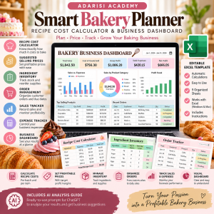 Smart Bakery Planner Excel template with recipe cost calculator, bakery inventory tracker, order management, sales reports and business dashboard.subject-line-ideas/
