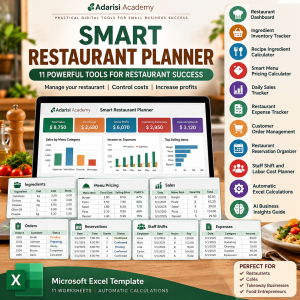 Smart Restaurant Planner by Adarisi Academy featuring 11 restaurant management tools, food cost calculator, inventory tracker, sales dashboard and Excel templates.