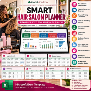 Smart Hair Salon Planner by Adarisi Academy featuring a professional hair salon, Excel business dashboard, appointment management, inventory and sales tracking.