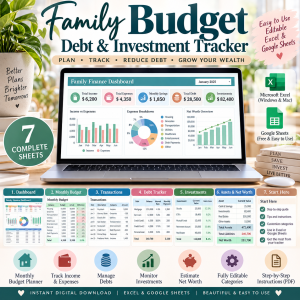 Family Budget Spreadsheet for Excel and Google Sheets with debt tracker, investment tracker and financial dashboard