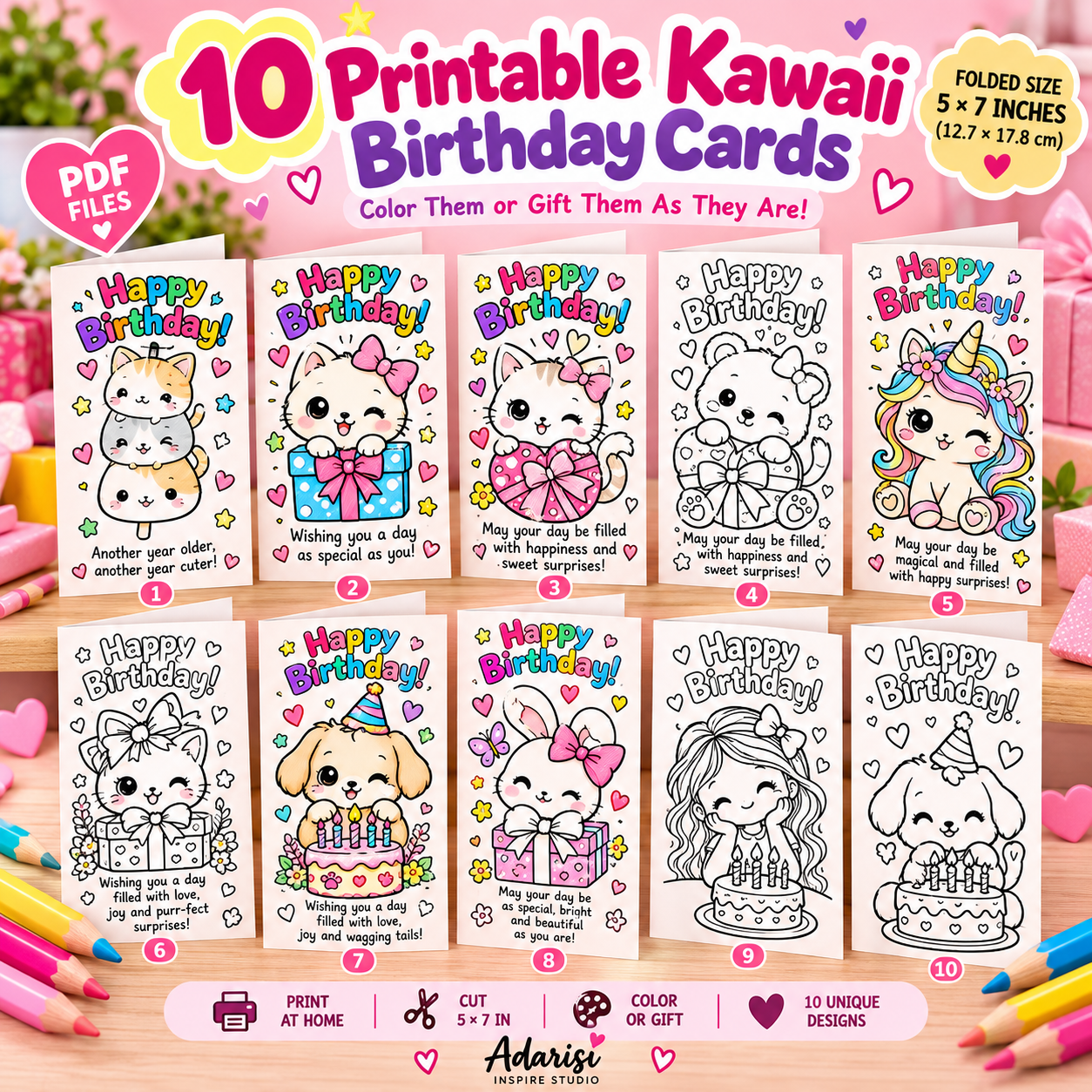 10 Printable Kawaii Birthday Cards – Cute Coloring Greeting Cards PDF