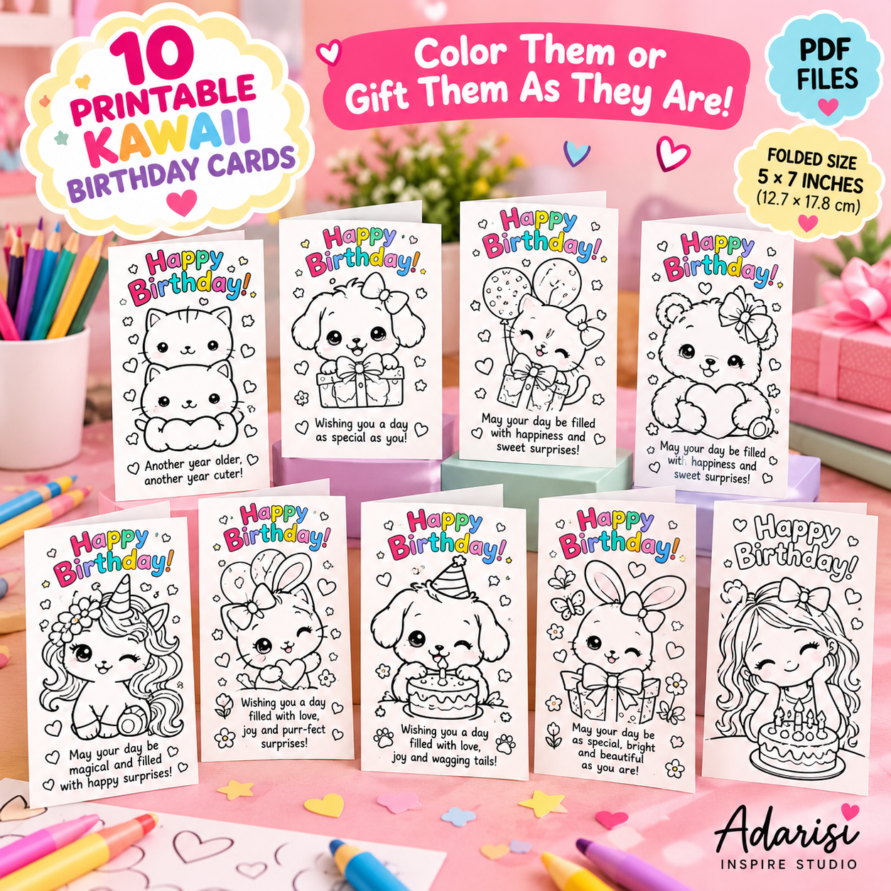10 Printable Kawaii Birthday Cards – Cute Coloring Greeting Cards PDF - Image 3